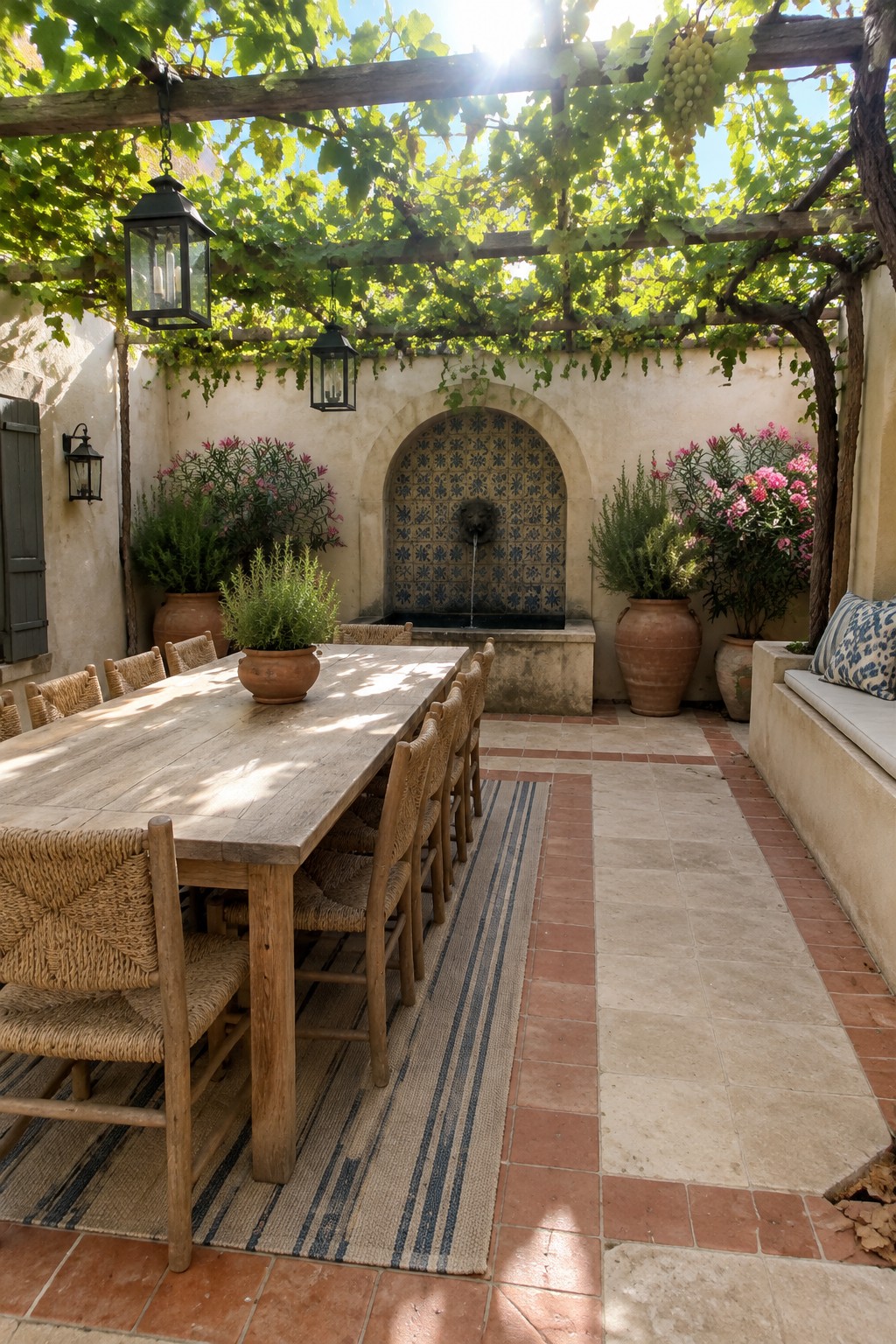 A wooden outdoor dining table and woven chairs sit on a striped rug beneath a grapevine pergola in a tiled courtyard.