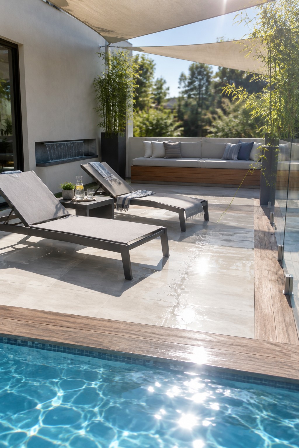 Two chaise lounges sit on a large-paver patio beside a swimming pool, with a built-in sofa at the far end.