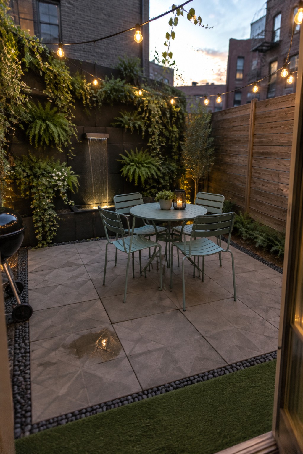 A small patio with large square gray pavers, a pebble border, and a round outdoor dining table with four chairs.
