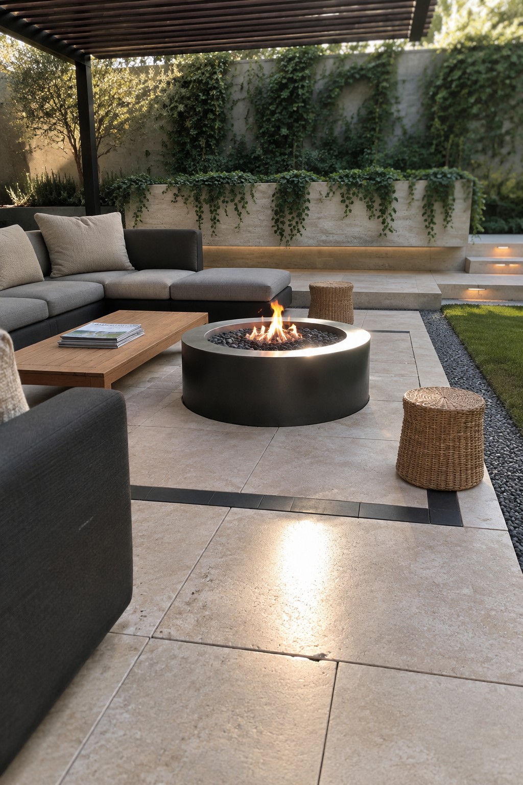 Large pale patio pavers with a dark inset border surround a round fire pit and outdoor seating beneath a pergola.