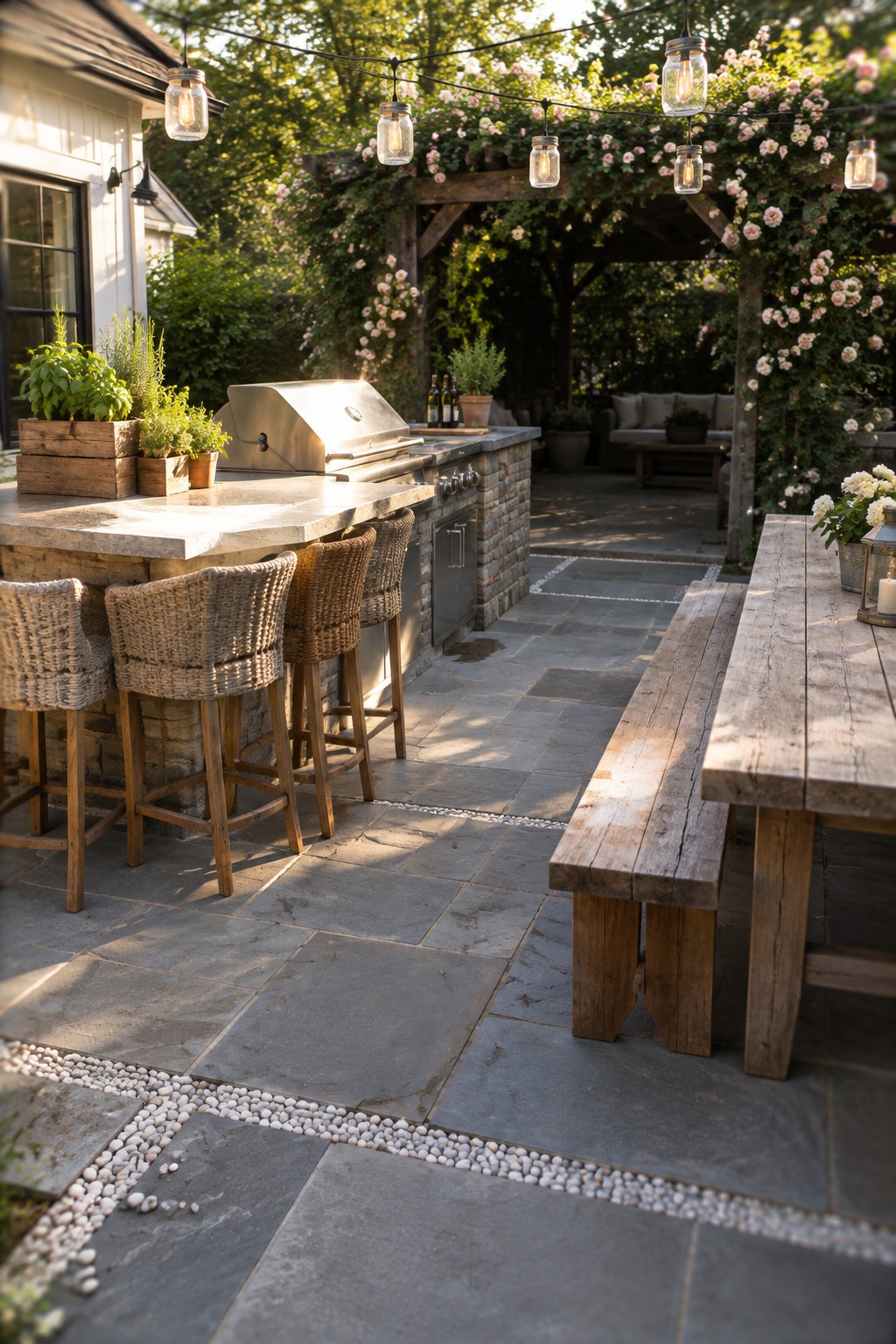 Large gray patio pavers with white pebble borders beside an outdoor kitchen and wooden dining table.