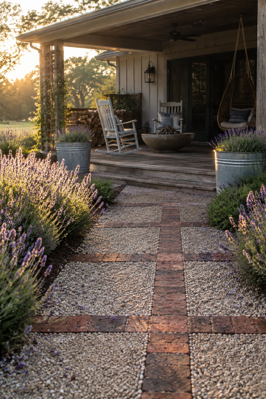 A brick path runs through a gravel patio toward a covered porch, with lavender plants along the edges.