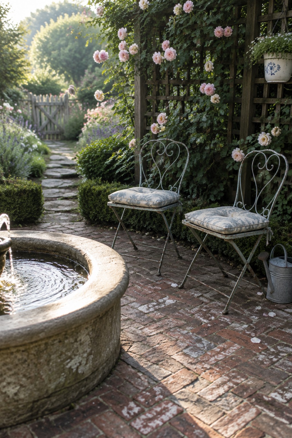 A brick patio with two metal chairs sits beside a stone fountain and a rose-covered wooden trellis.