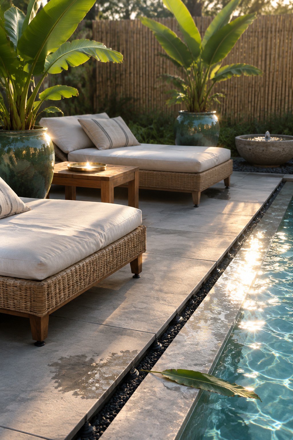 Two wicker pool loungers sit on large gray pavers beside a swimming pool.