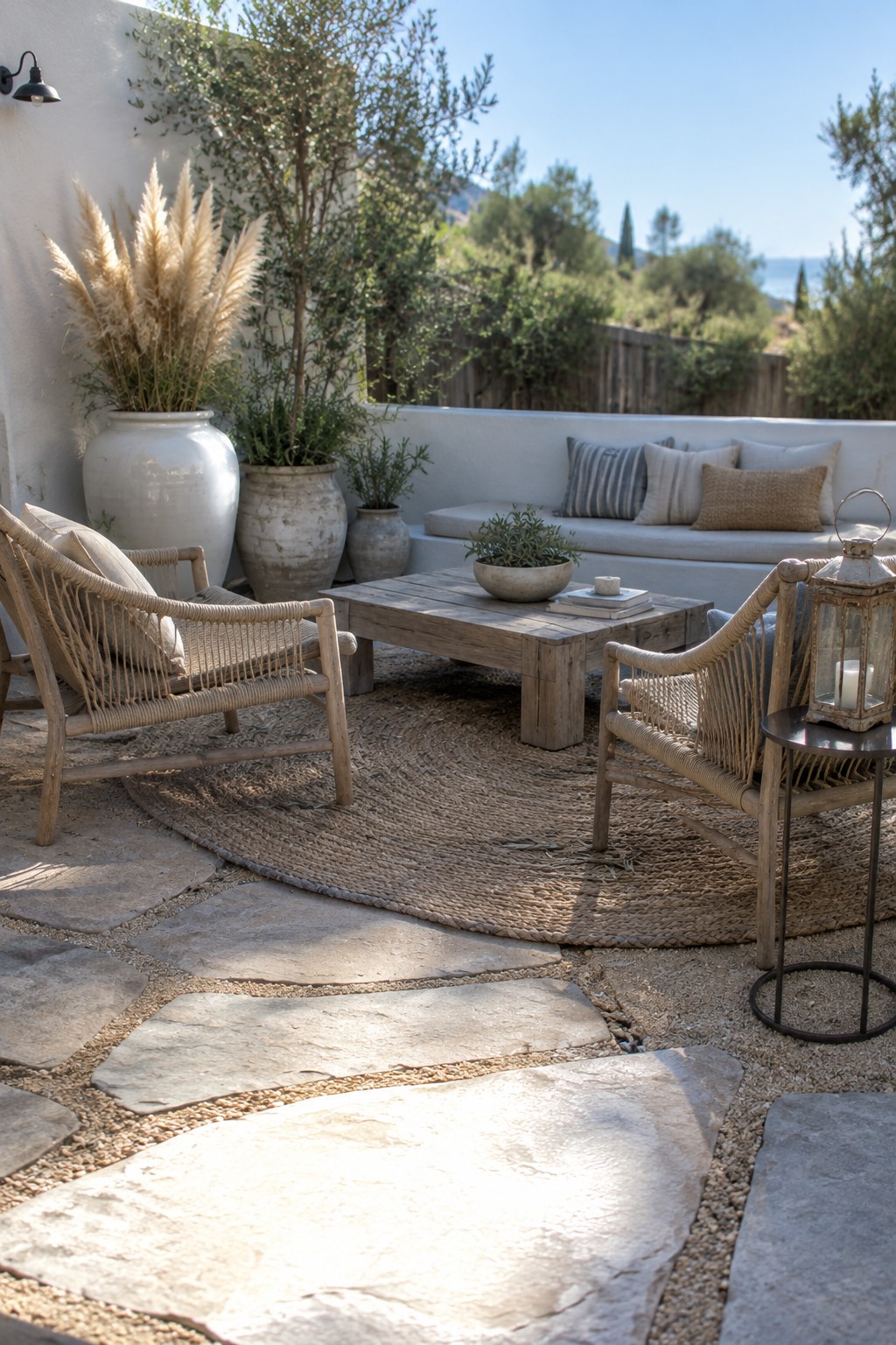 Large pale stone pavers sit in gravel beneath woven patio chairs and a wooden coffee table.