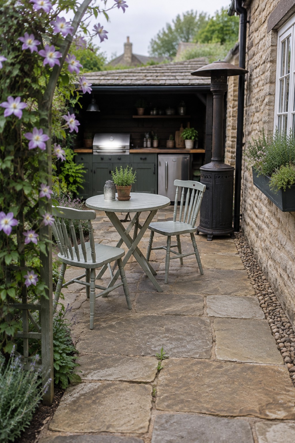 Irregular stone slabs form a courtyard patio beneath a round table and chairs.