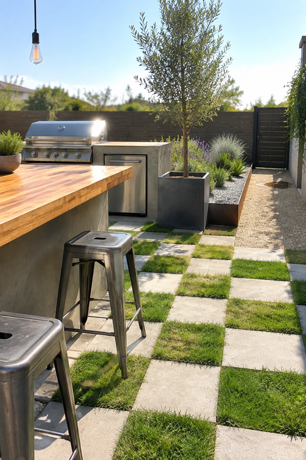 Large square concrete pavers with grass between them form a path beside an outdoor kitchen and gravel garden bed.