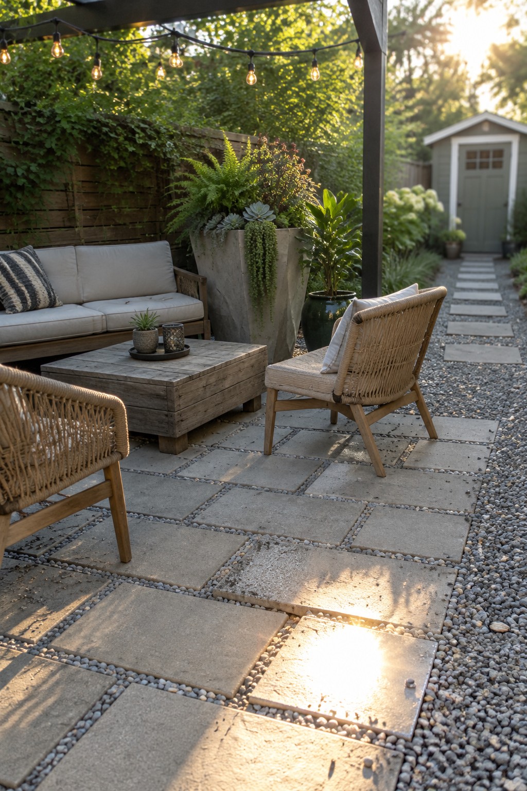 Large square concrete pavers with gravel joints form a patio beneath a pergola with outdoor seating.