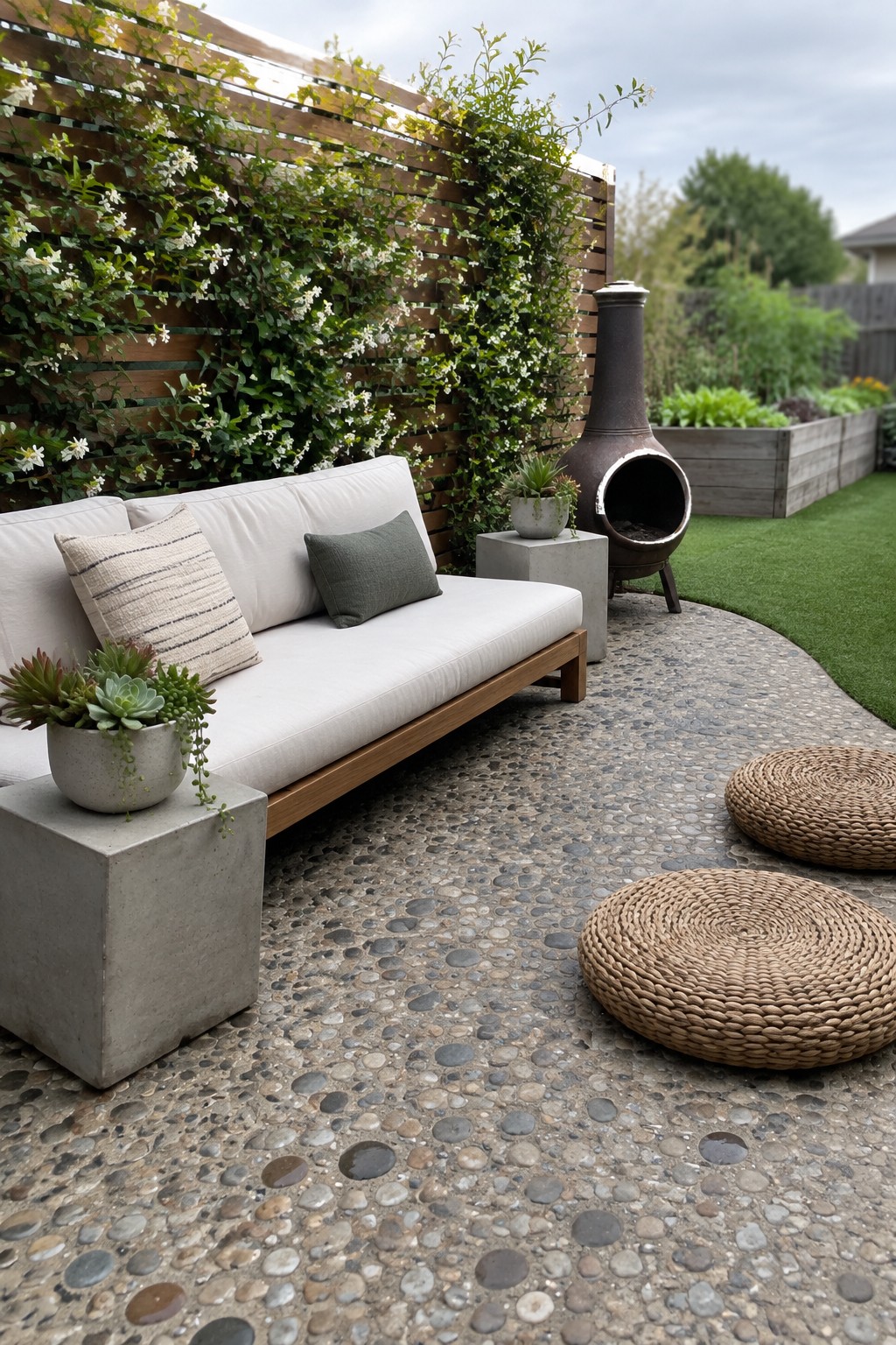 A backyard patio with a pebble-aggregate concrete floor, a white-cushioned sofa, and a wood slat screen covered in flowering vines.