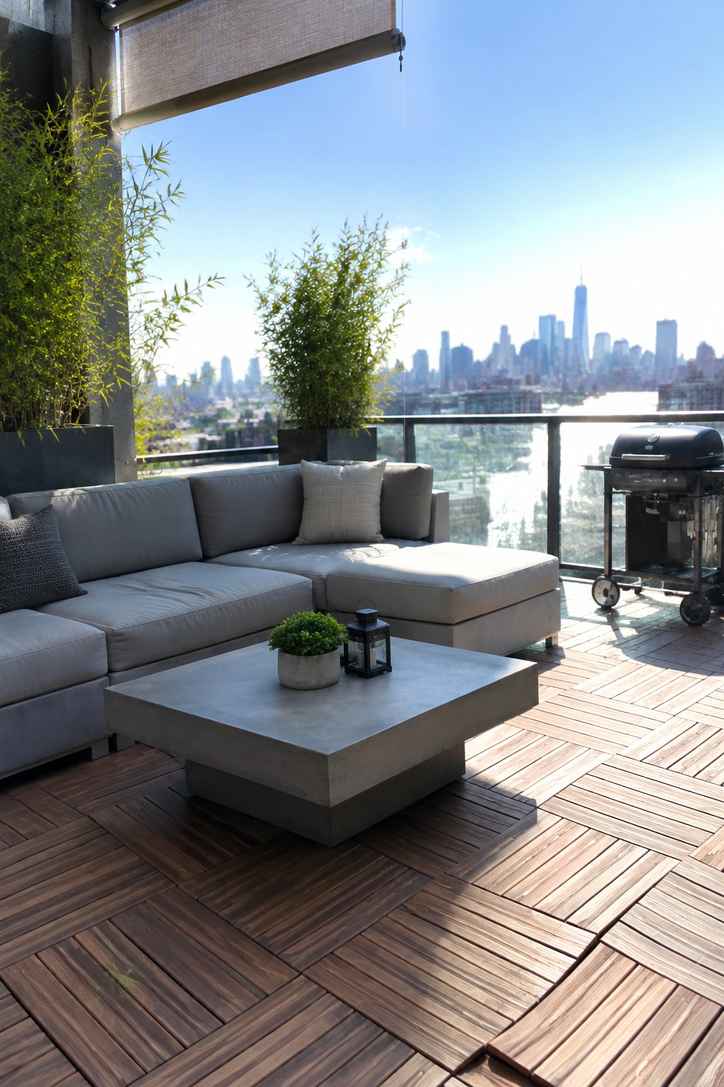 A rooftop terrace has brown wood deck tiles beneath a gray sectional sofa and concrete coffee table.