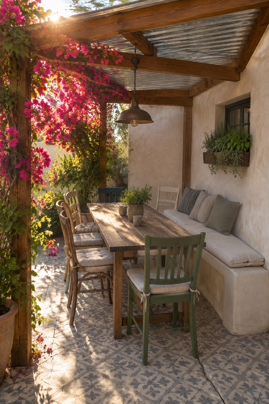 A wooden dining table and chairs sit beneath a timber pergola with a corrugated roof, beside a built-in cushioned bench and climbing pink flowers.