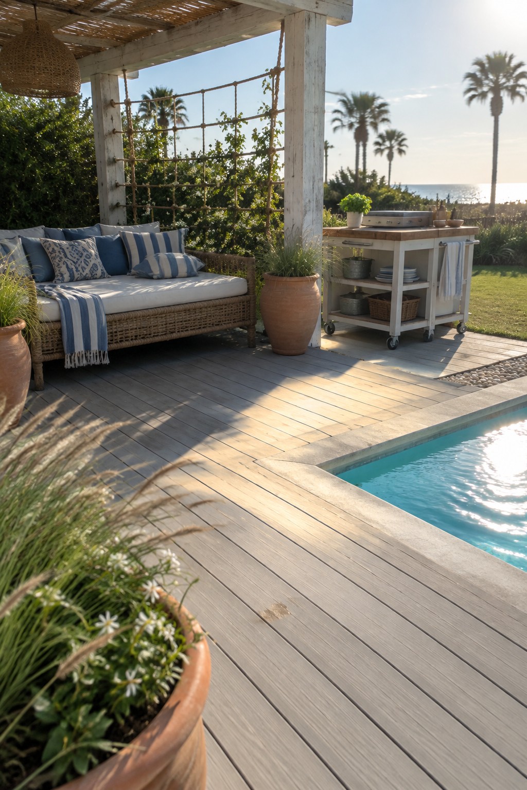 A timber pergola shades a wicker sofa beside a pool and a wheeled outdoor kitchen cart.