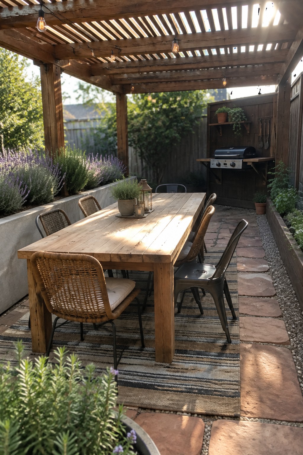 A wooden pergola covers a long outdoor dining table beside raised garden beds and a built-in grill area.