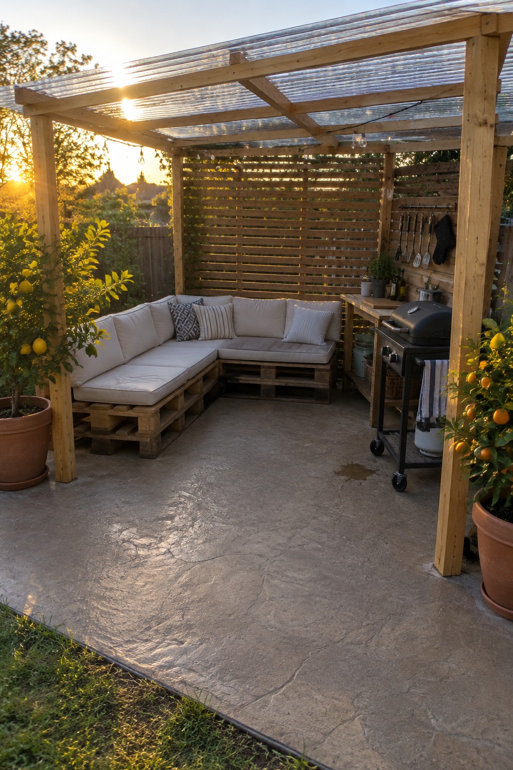 A wooden pergola with a translucent roof covers an L-shaped cushioned bench and a barbecue on a paved patio.