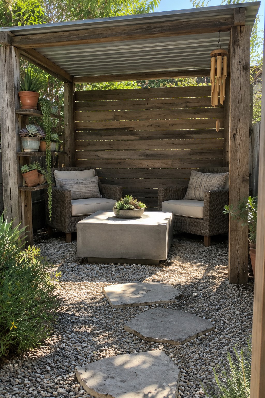 A rustic wooden pergola shelters two cushioned chairs and a concrete table in a gravel garden.