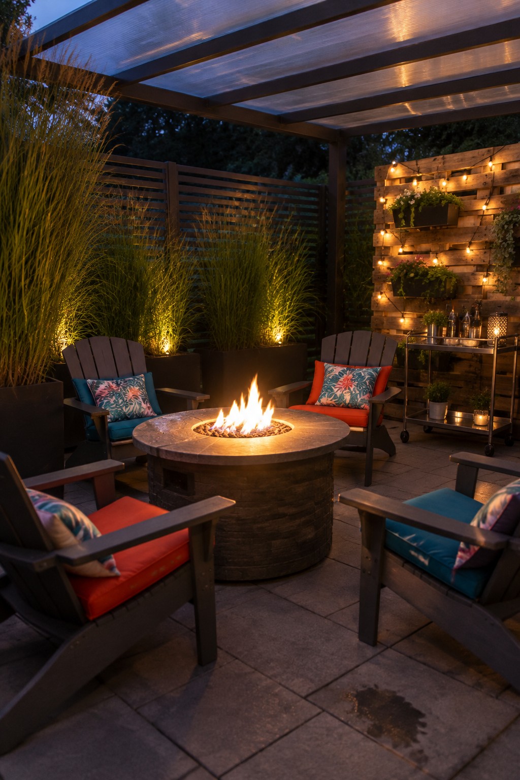 A pergola-covered patio has Adirondack chairs arranged around a round fire pit, with string lights on a wooden wall.