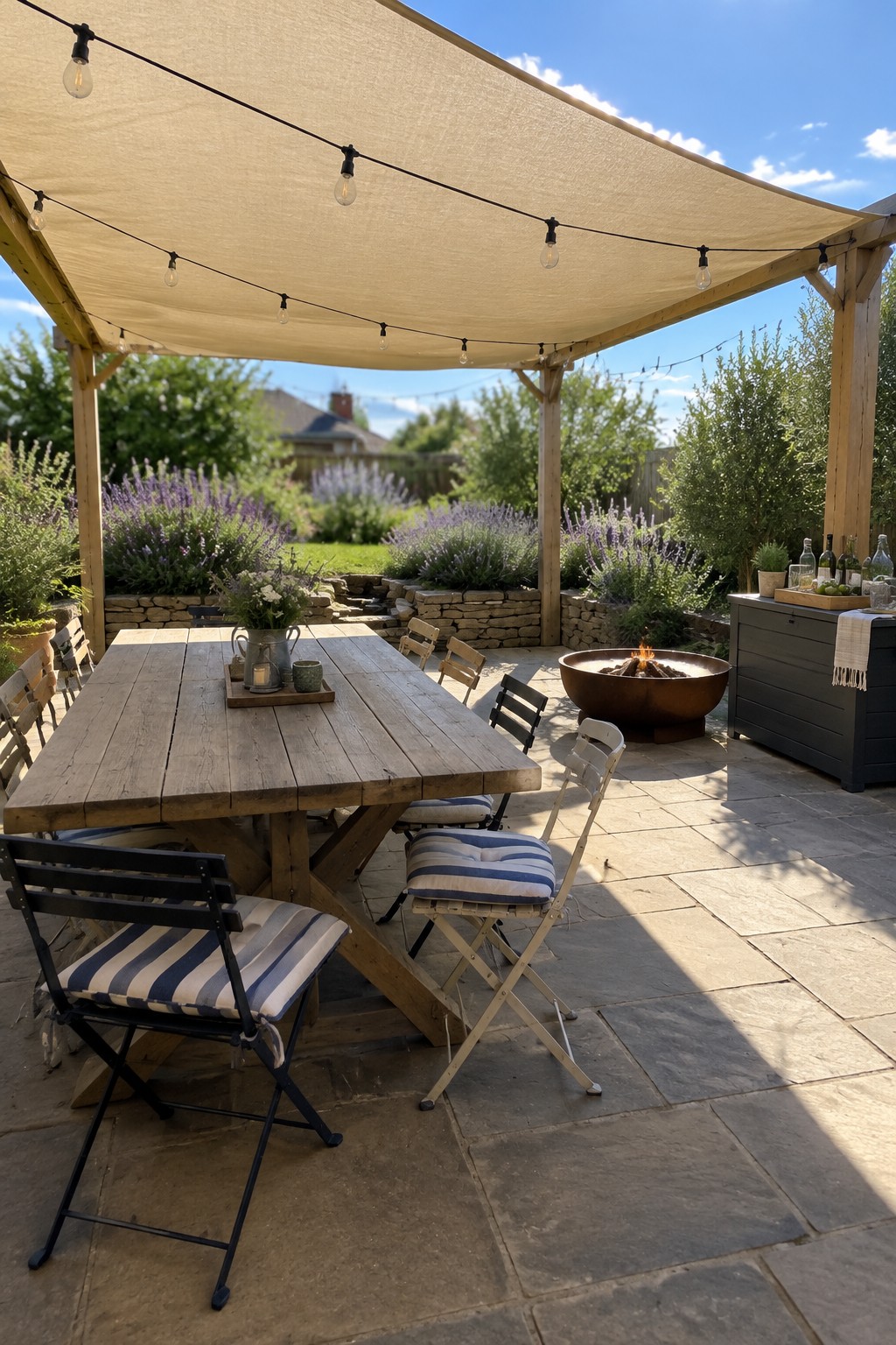 A beige shade sail covers a wooden patio dining table and folding chairs, with string lights hanging beneath it.