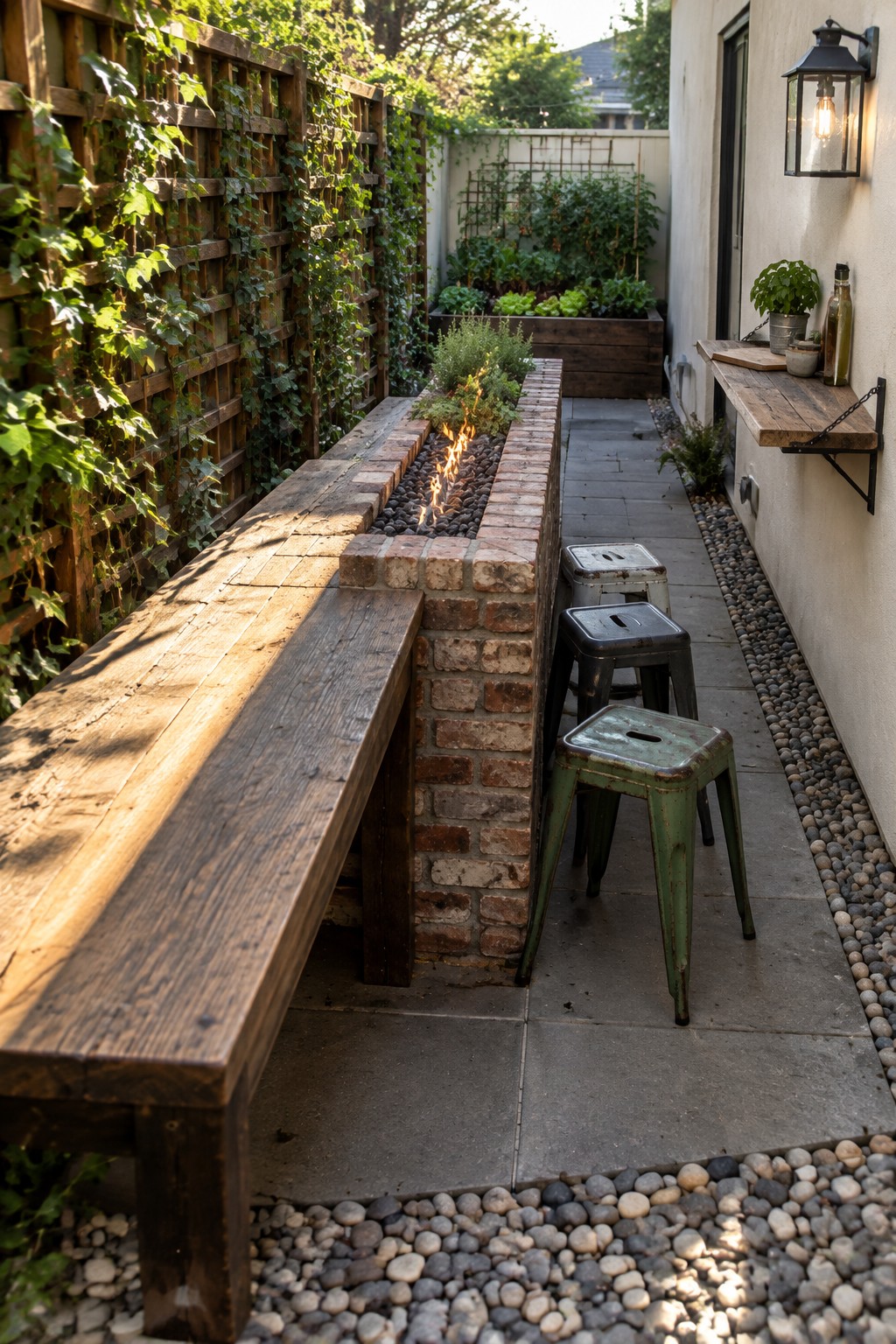 A narrow reclaimed-brick fire feature runs through a small patio beside a wooden bench and stone walkway.