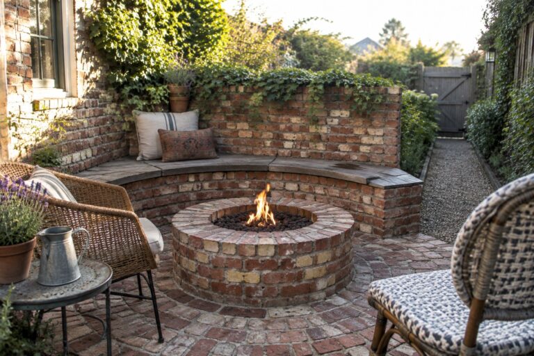 19 Easy DIY Patio Ideas Built Around Reclaimed Brick A circular reclaimed-brick fire pit sits in a brick-paved patio beside a curved brick bench and outdoor chairs.