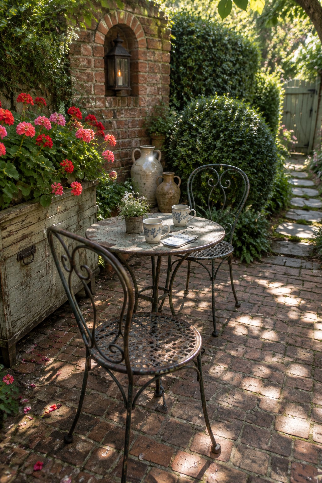 A small metal bistro set sits on a reclaimed brick patio beside a raised planter filled with flowers.