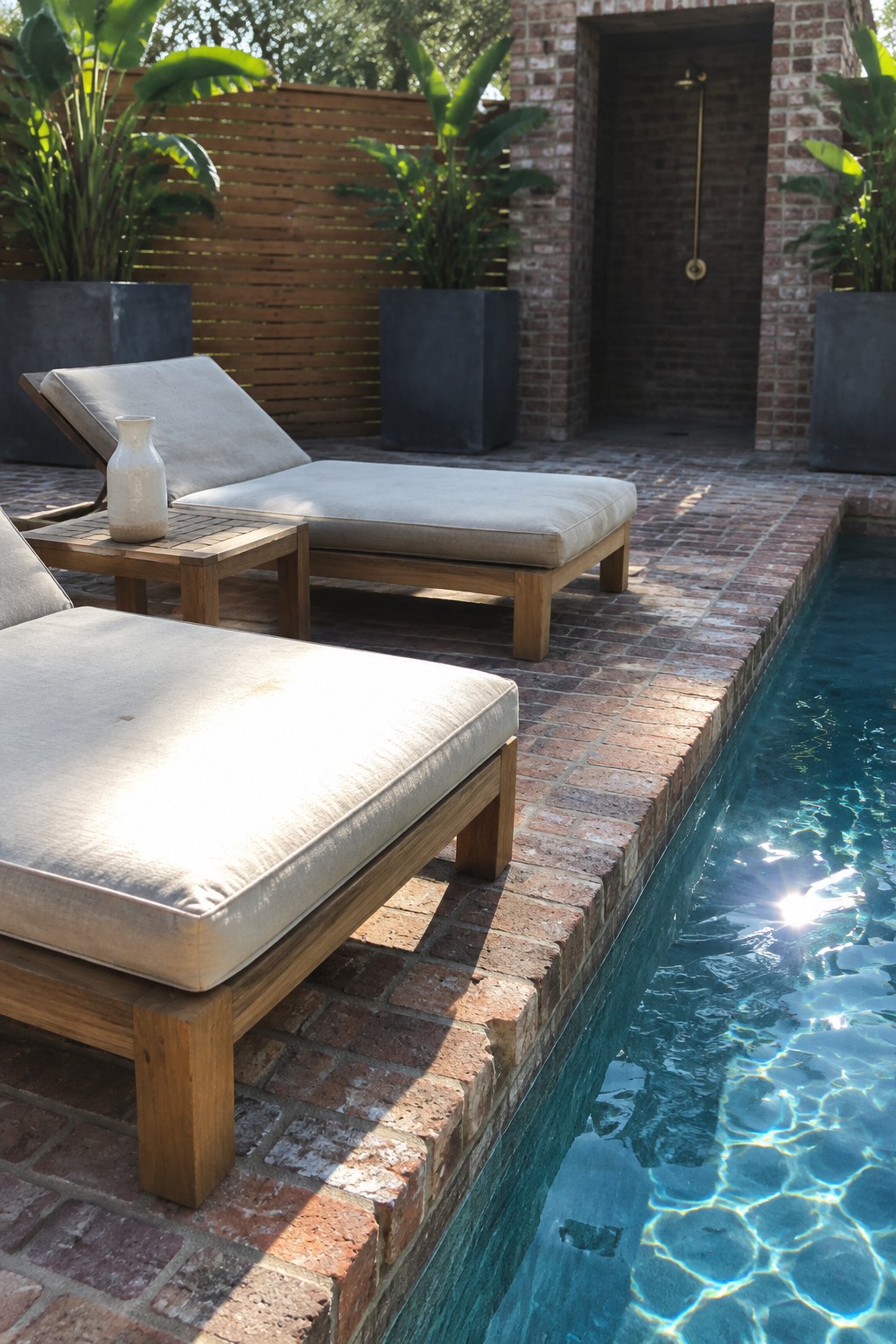 Two cushioned wooden loungers sit on a brick patio beside a swimming pool.