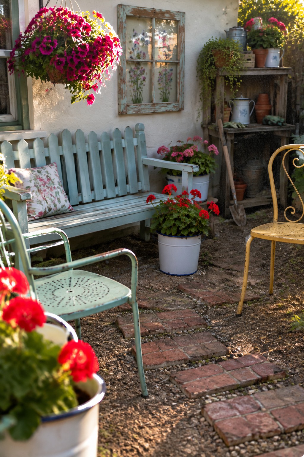A garden seating area with a pale blue bench, flower pots, and a loose path of reclaimed red bricks set in gravel and soil.