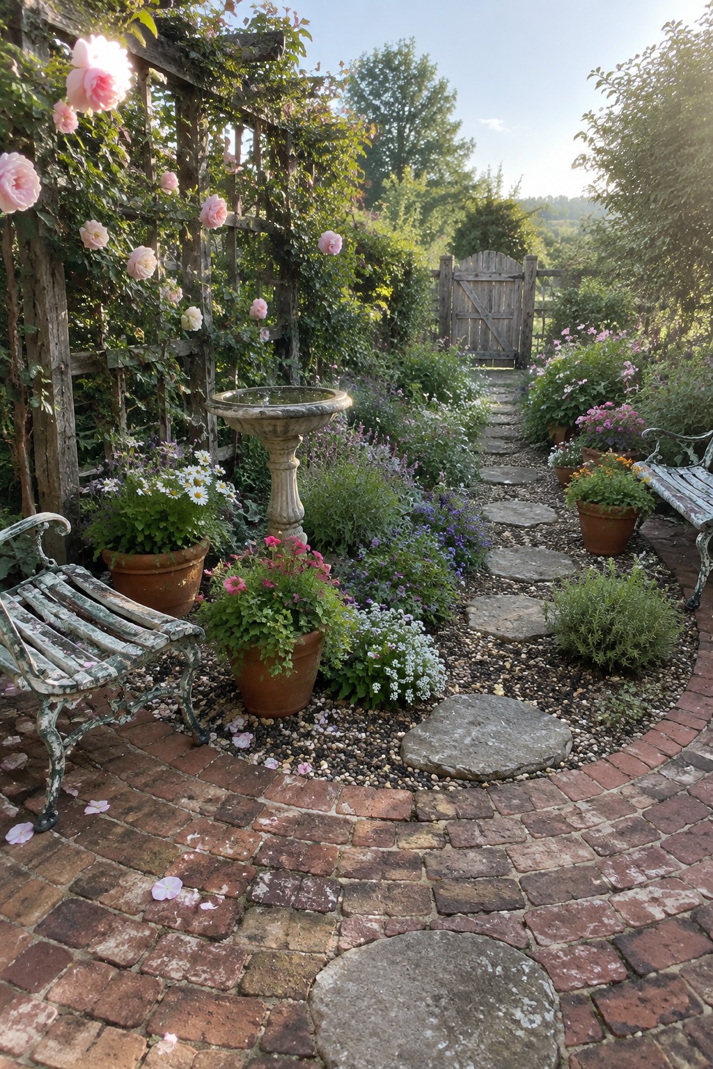 A curved reclaimed brick patio surrounds a gravel garden path with stepping stones, flower pots, benches, and a birdbath.