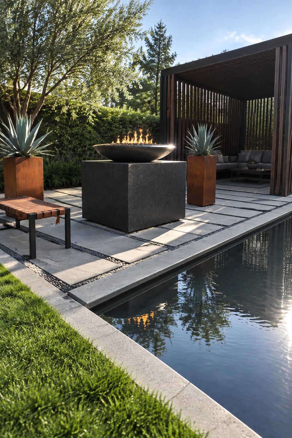 A bowl-shaped fire pit sits on a square stone base beside a paved patio and narrow pool, with a wooden pergola and planters nearby.