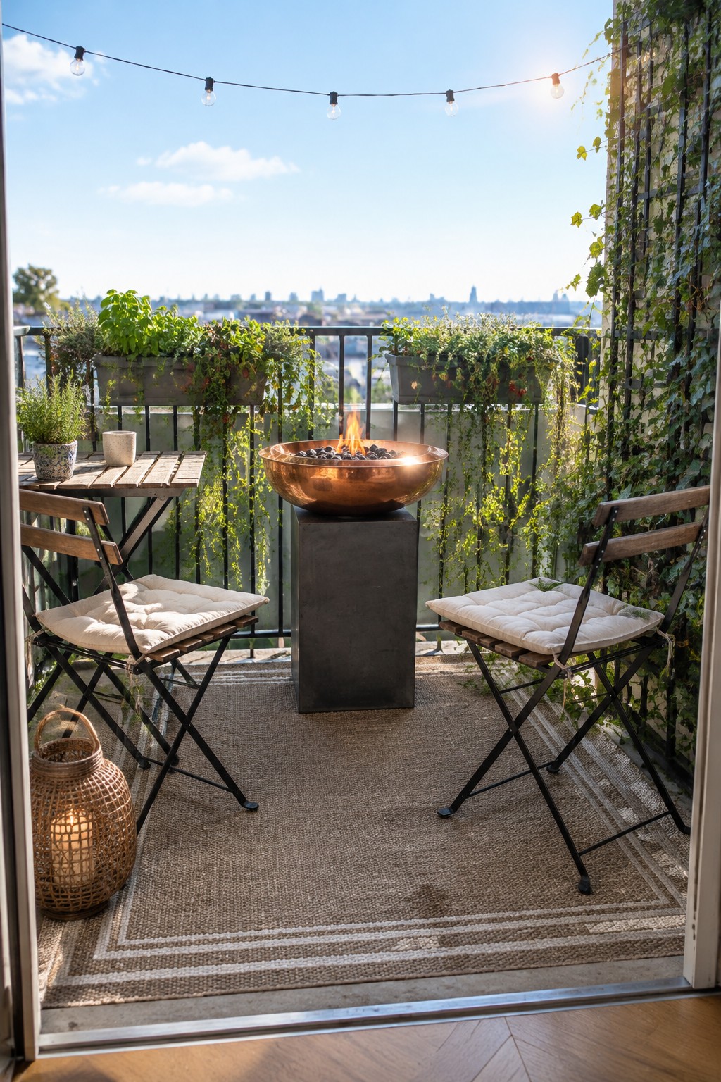 A round metal fire pit stands between two cushioned folding chairs on a plant-filled balcony.
