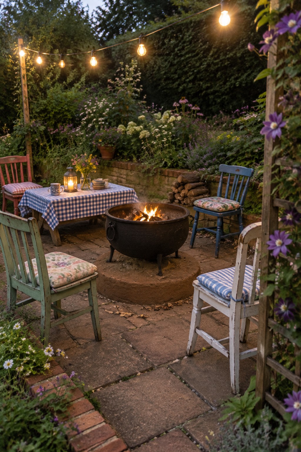 A round fire pit sits among mismatched chairs on a paved garden patio, with a small table and string lights overhead.