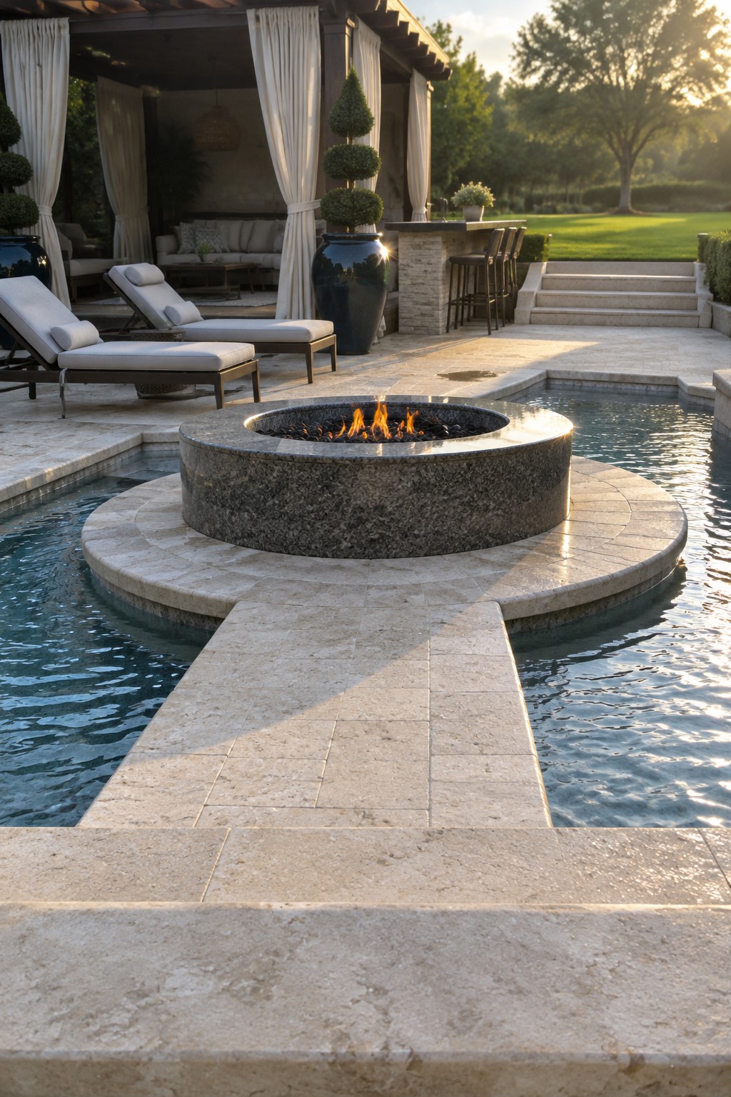 A round stone fire pit sits on a circular raised platform surrounded by a swimming pool, with a covered patio and lounge chairs nearby.