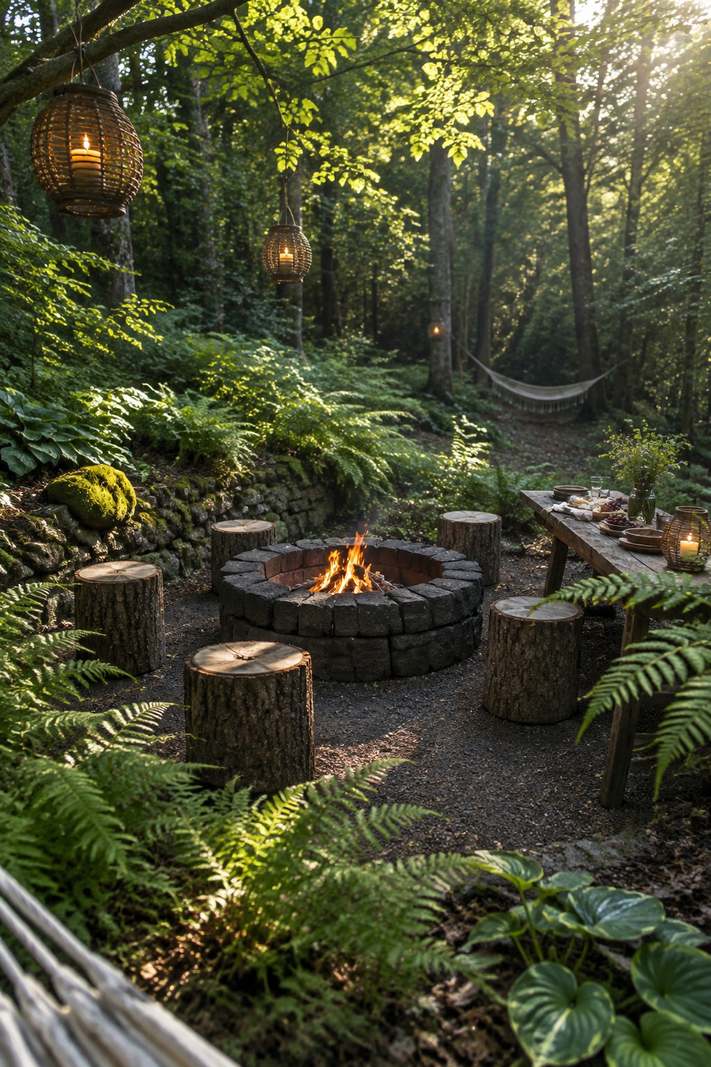 A round stone fire pit with log seats sits in a wooded garden, with hanging lanterns, a hammock, and a dining table nearby.