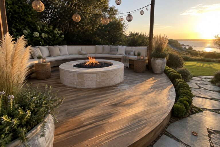 19 Elevated Patio Garden Fire Pit Ideas for Cozy Evening Gatherings A round stone fire pit sits in front of a curved outdoor sofa on a circular wooden deck.