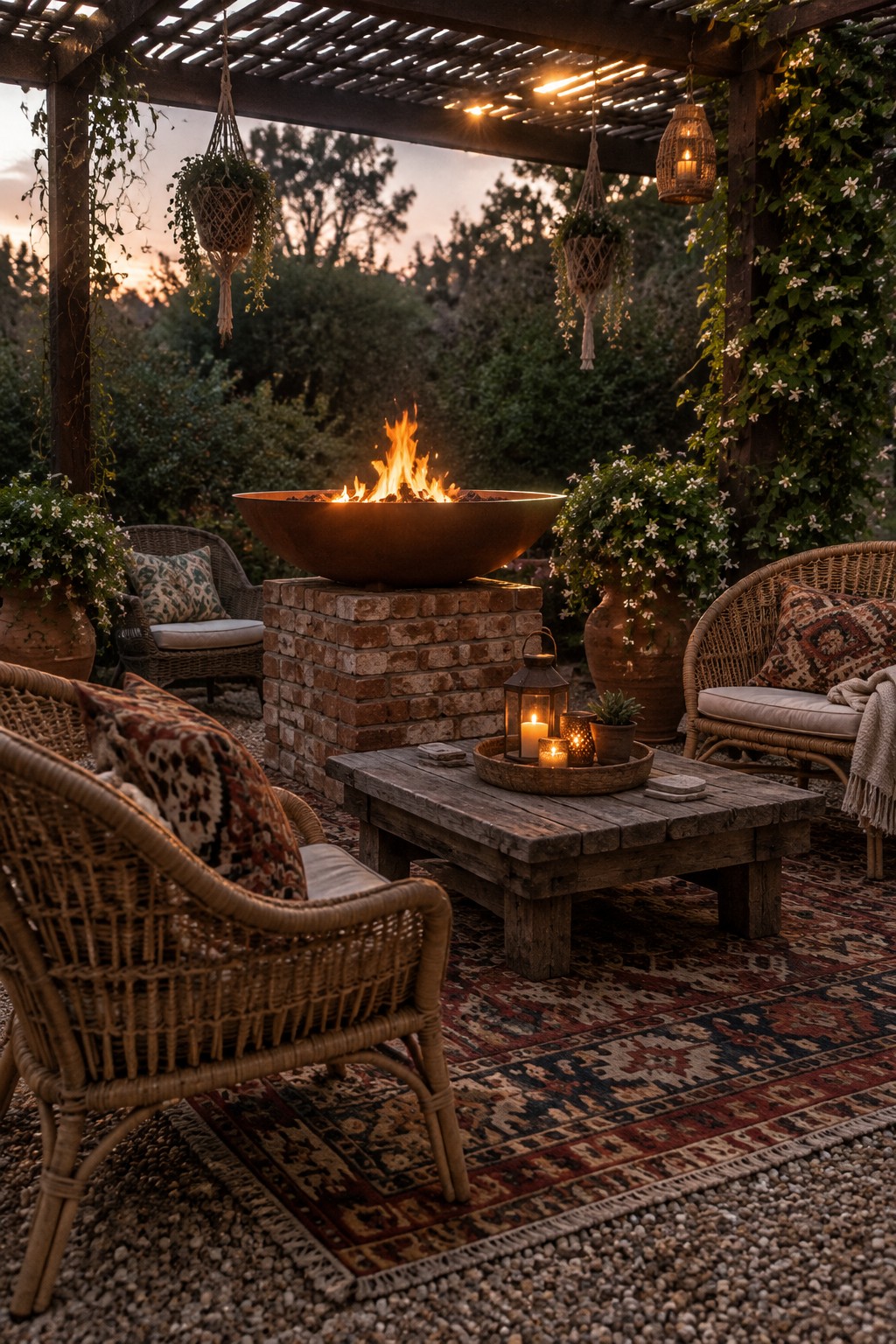 A metal fire bowl on a brick base sits at the center of a patio seating area with wicker chairs and a wooden coffee table.