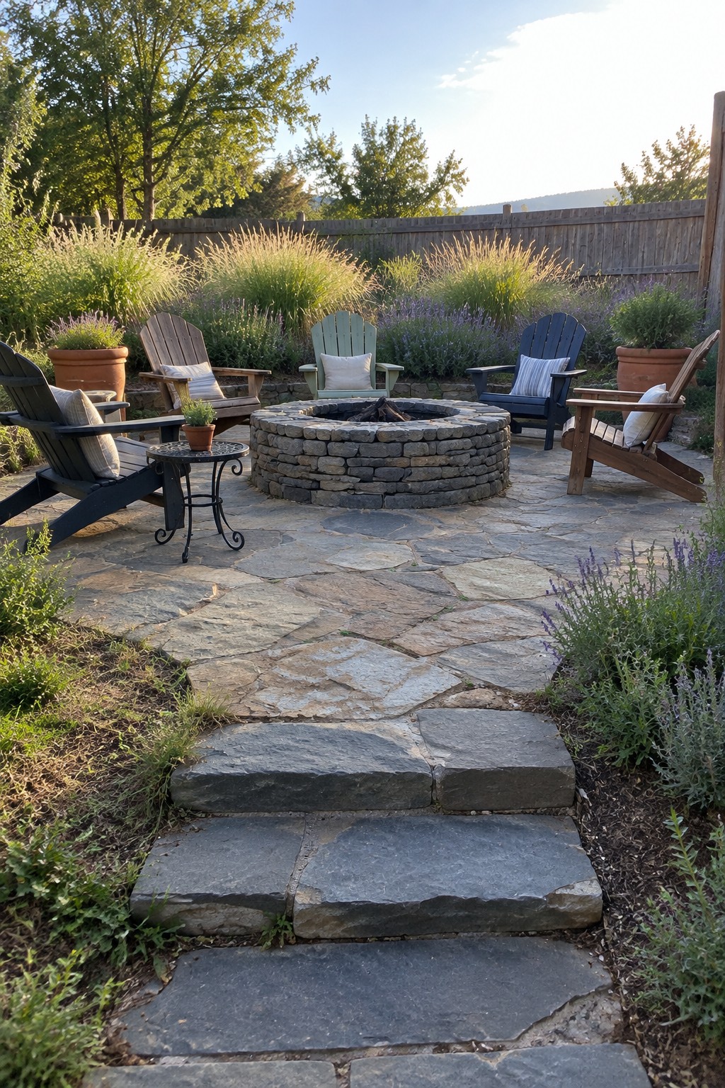 A round stone fire pit sits in the center of a flagstone patio surrounded by Adirondack chairs.