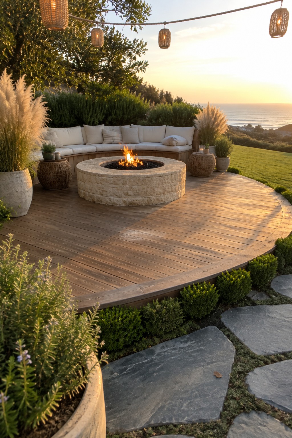 A round stone fire pit sits in front of a curved outdoor sofa on a circular wooden deck.