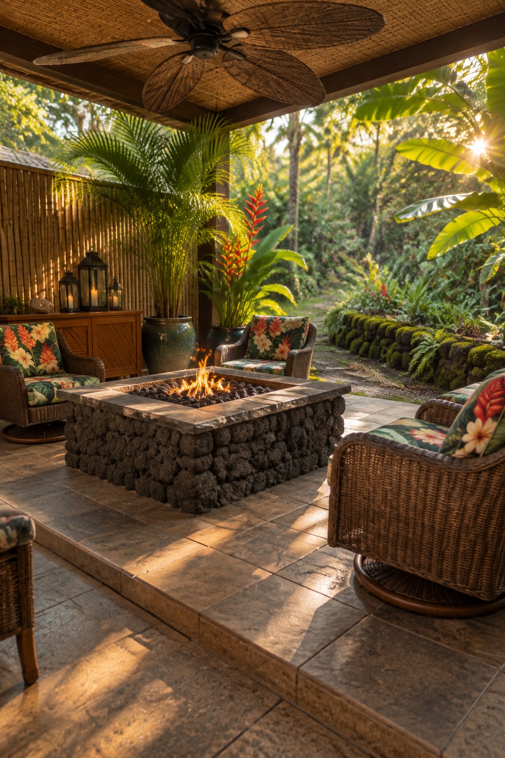 A raised stone fire pit sits among wicker chairs on a tiled covered patio.