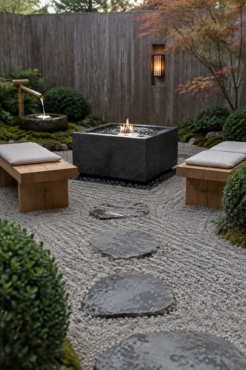 A square fire pit sits at the center of a gravel patio, with two wooden benches, stepping stones, and a bamboo water fountain.