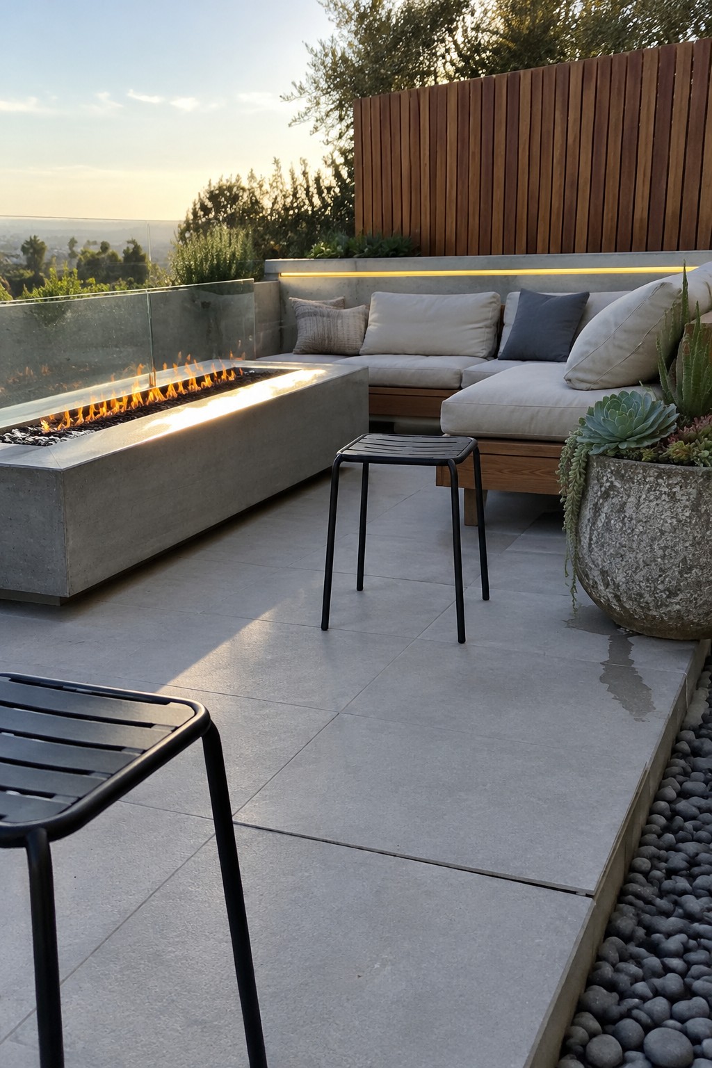A rectangular gas fire pit sits beside a cushioned corner sofa on a tiled patio.