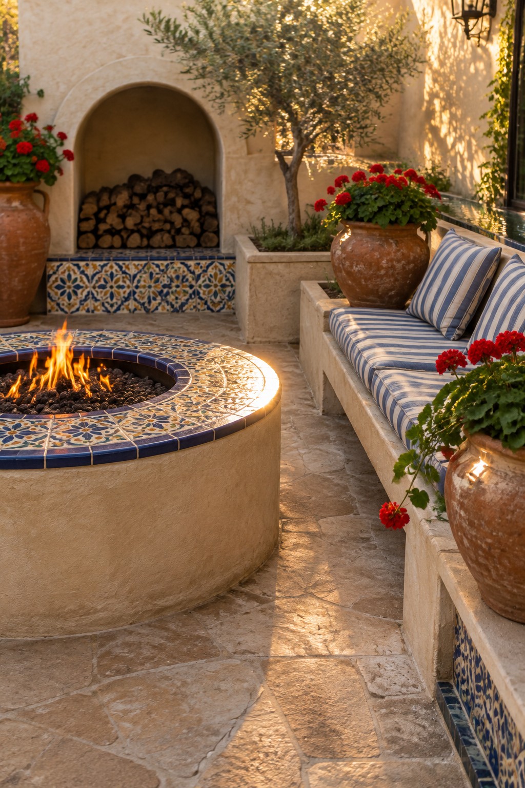A round tiled fire pit sits beside built-in seating with blue-and-white cushions in a stone courtyard.