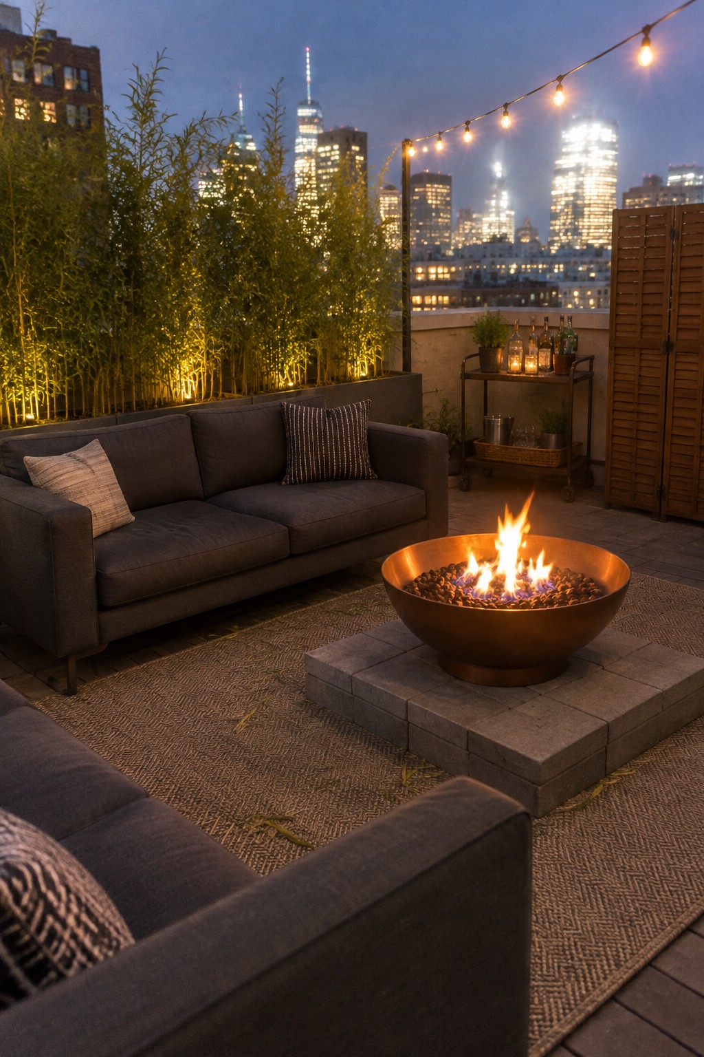 Two dark sofas face a round fire pit on a rooftop patio with string lights and a city skyline in the background.