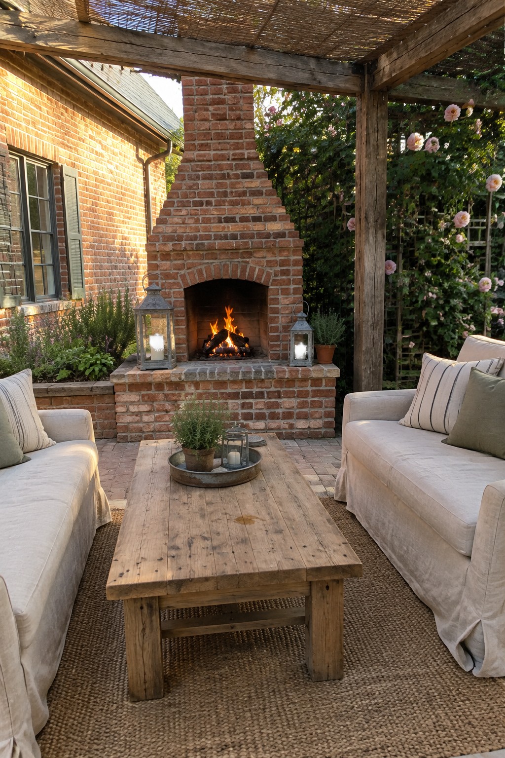 A covered brick patio with a lit outdoor fireplace, two sofas, and a wooden coffee table.