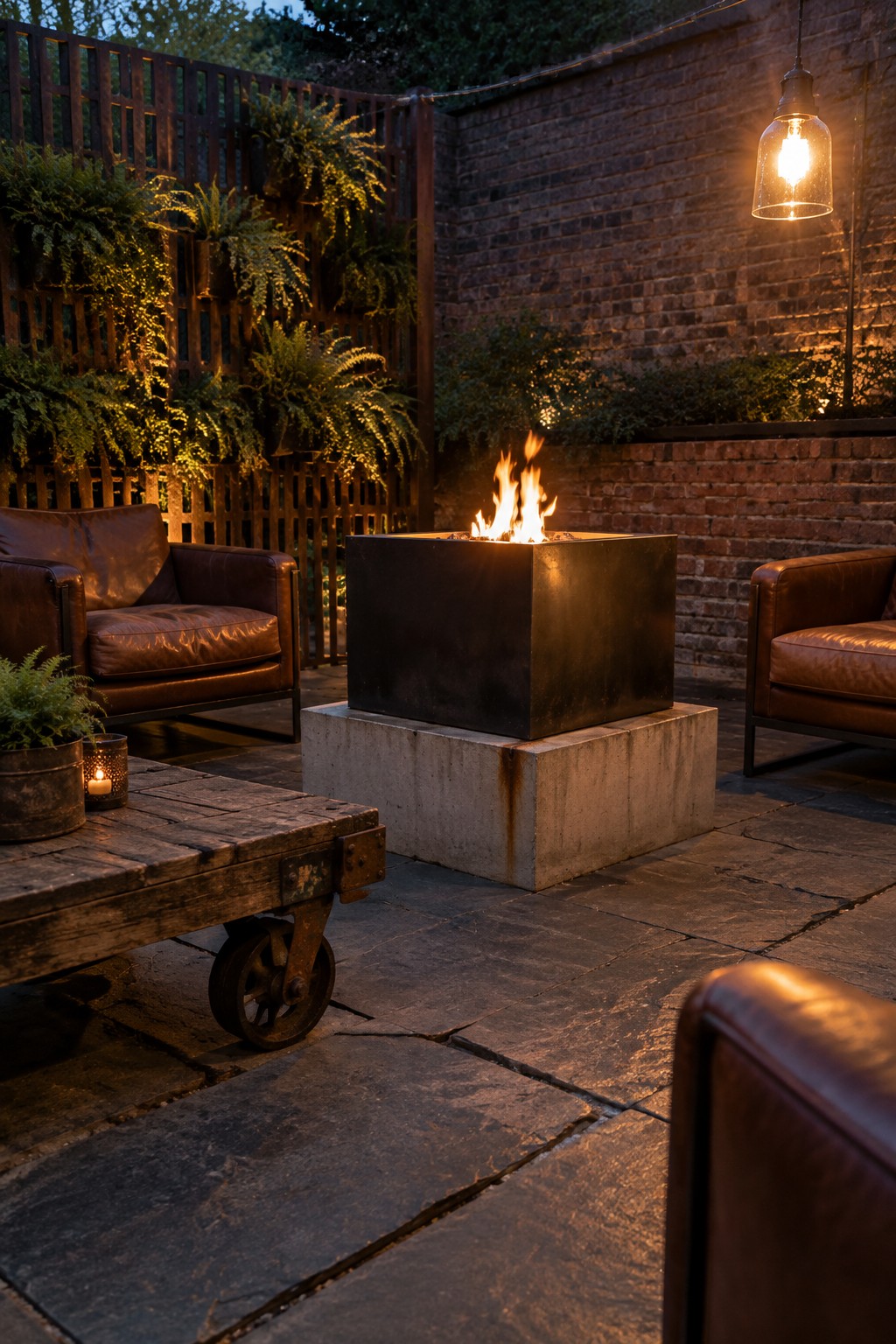A square metal fire pit sits on a raised concrete base between leather chairs on a paved patio.