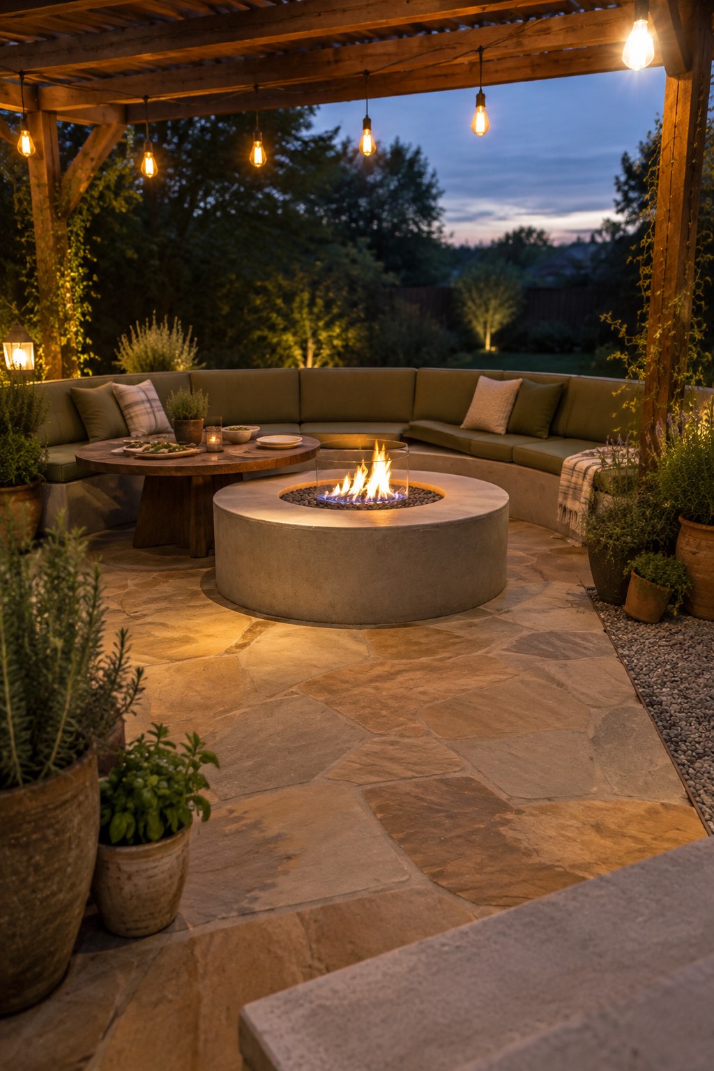 A round fire pit sits in front of a curved built-in patio bench beneath a wooden pergola.