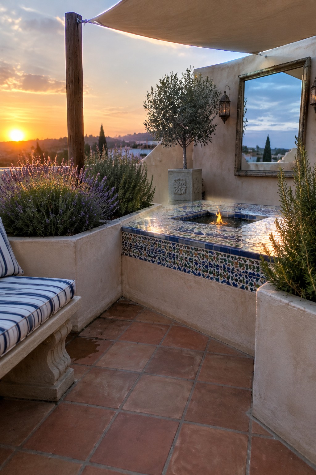 A low square fire pit with patterned blue and multicolored tiles sits on a terracotta-tiled patio beside a cushioned bench.