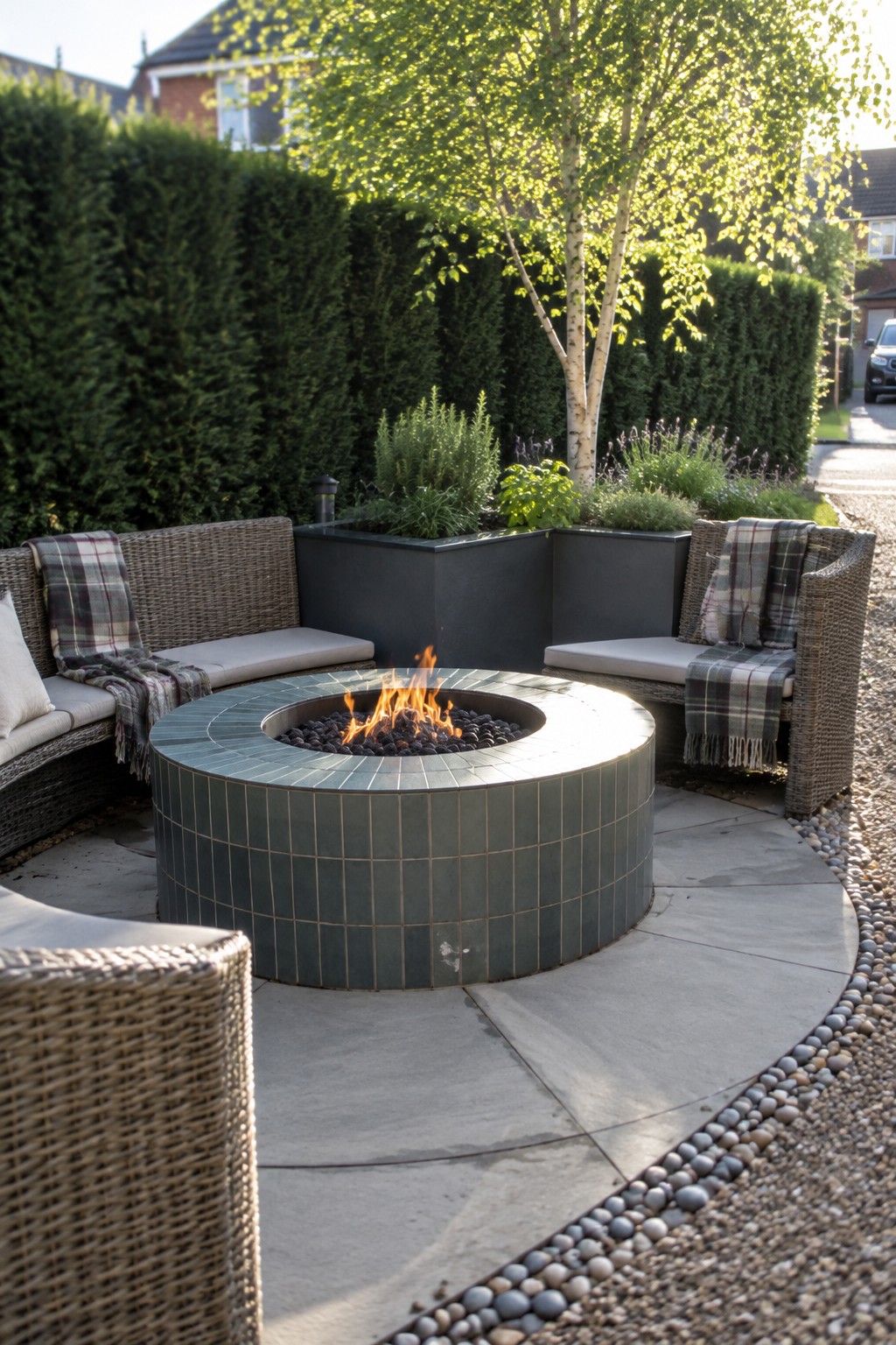A round tiled fire pit sits at the center of a paved patio surrounded by wicker seating and raised planters.