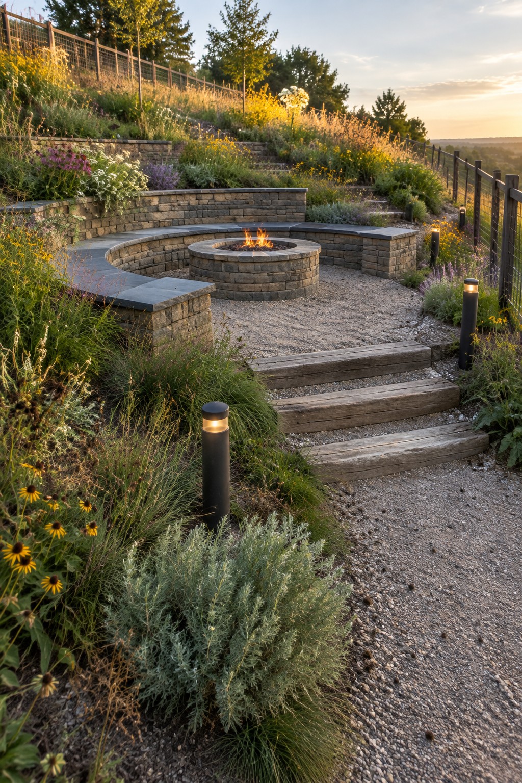 A gravel patio with a round fire pit and curved stone seating area sits among garden beds, reached by timber-edged steps.