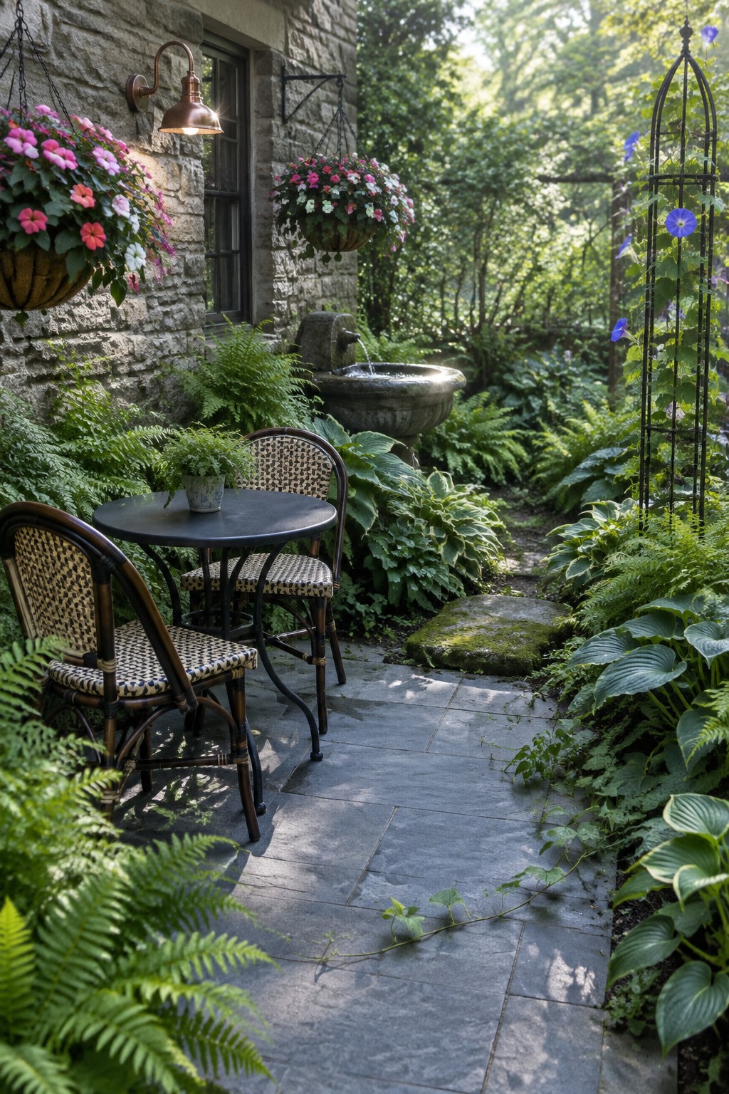 A small round table and two woven chairs sit beside a stone garden path, surrounded by ferns and flowering plants.