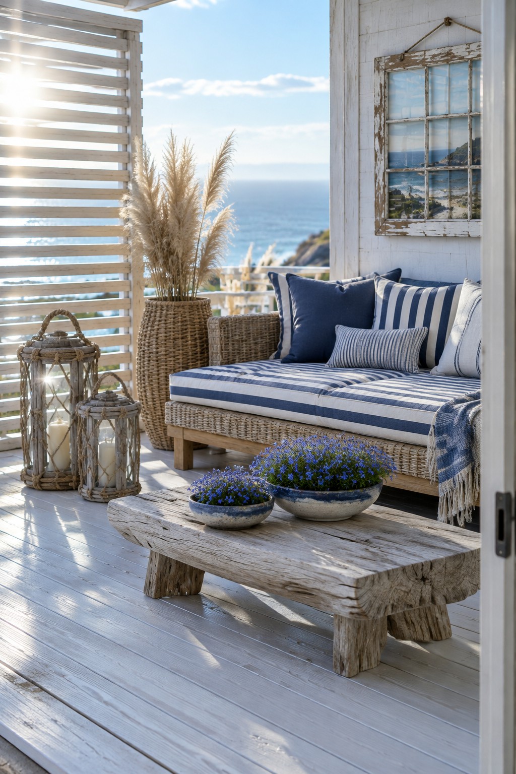 A wicker patio sofa with blue-and-white cushions sits beside a weathered wood table holding two bowls of blue flowers.