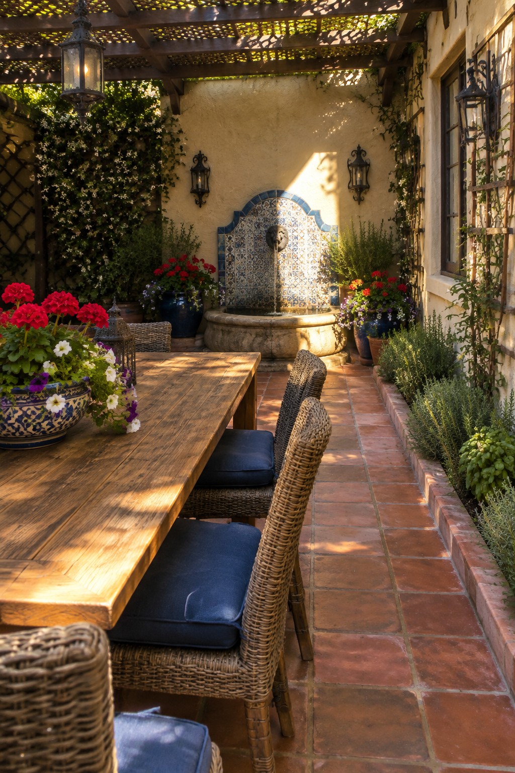 A long wooden dining table and wicker chairs sit on a tiled patio beside flowering pots and a tiled wall fountain.